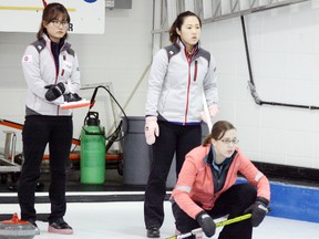 Two rinks with local connections, Les Steuber and Nicky Kaufman had the opportunity to exchange rocks with the two Korean teams that were on hand for the World Curling Tour stop in the Grove. The Koreans eventually won both of these games, 5-3 on the men’s side and 10-7 in the women’s draw.