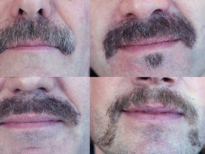 A photo montage shows Movember participants (clockwise from top left) Jim Adams,  Adam Koven,Jay Rayner and Rob Beck,   at the Chris James men's and women's clothing store to show off their Movember Moustaches on Friday.
IAN MACALPINE/KINGSTON WHIG-STANDARD/QMI AGENCY