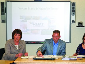 Representatives from the Vulcan Brand Innovation Team (VBIT) attended the Town’s Nov. 25 meeting to bring council up to speed regarding VBIT’s branding plan. From left are Leslie Warren, vice-chair, Scott Mitchell, member, and Sandra Cooke Locken, chair. The group asked council to become familiar with VBIT’s branding plan.