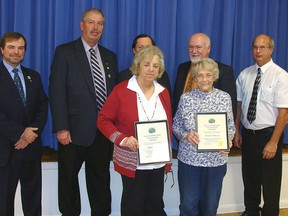 CONTRIBUTED PHOTO
Inclement weather and other commitments meant only two of five Municipality of Bayham 2103 Community Volunteer and Youth Volunteer Recognition Awards recipients were able to attend the ceremony Thursday, November 28 at the Vienna Community Centre. In the front row, left to right, are: Joyce Taylor and Marion Paterson. Absent from the photo, were: Dorothea Bentley, Cindy Stewart and Brandon Coderre. In the back row, are council members: Councillor Ed Ketchabaw, Councillor Wayne Casier, Councillor Tom Southwick, Deputy Mayor Cliff Evanitski and Mayor Paul Ens.