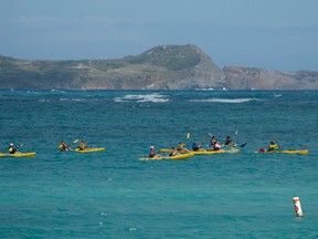 A group kayaks on Kailua Bay in Kailua, Hawaii on this December 26, 2011 file photo. (REUTERS/Hugh Gentry)