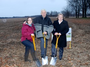 Laura Penner, left, chairman of Pearce Williams Christian Centre board, Giles Hume and Jan Newell, grabbed shovels Tuesday for a groundbreaking ceremony for the new Hume Hall at Pearce Williams.