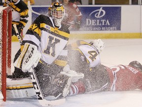 Kingston Frontenacs' Matt Mahalak has been named the Canadian Hockey League goalie of the week after winning both of his starts, including a 3-0 win over Peterborough. (Elliot Ferguson/The Whig-Standard)
