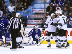 The San Jose Sharks celebrate Joe Thornton's power play goal in the first period against the Maple Leafs on Tuesday night at the Air Canada Centre. (Dave Abel/Toronto Sun)