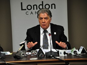 Mayor Joe Fontana speaks at a news conference after city staff delivered the 2014 draft budget Dec. 4, 2013 in London, Ont. The draft budget includes a 3.1 per cent property tax levy increase, but that is expected to be trimmed before the final budget is tabled in February 2014. CHRIS MONTANINI\LONDONER\QMI AGENCY