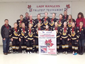 The Lucknow Wingham 86ers bantam girls took home gold at the Lady Rangers Fallfest hockey tournament on Nov. 22-24, 2013. Back L-R: Lexi Smith, Robin Montgomery, Emma Sangster, Katie Murray, Emily Bloemberg, Vicky Nicholson and Alisha Douglas. Front: Jessica Nelson, Loretta Higgins, Skye Maldini, Carly Kreller, Pilar Dietrich, Emma Metcalfe, Taylor Humphrey and Sydney Pruden. Head coach Jeff Bloemberg, asst. coaches Ian Montgomery and Brad Humphrey, trainer Betty Jane Higgins and manager Tammy Douglas.