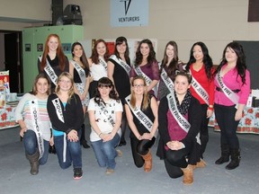 Brooke Forsayeth, Jessica Mageau, Kreesha Cheechoo, Logan Ellis, Kim Beaudry, Katelyn Dumoulin, Destiny Bradette, Megan Crouch; front row (l-r) Danissa Papineau, Reanne Chapleau, Chantal Larose, Alicia Beadman and Michelle Billideau are the Miss Chimo contestants and snow maidens for 2014.