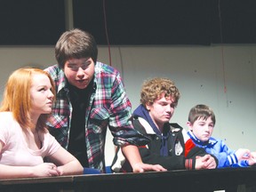 ALAN S. HALE/DAILY MINER AND NEWS 
Mallory McConomy, Mason Paypompee, Nolan Richter and Lucas Nystrom perform in Beaver Brae Secondary School’s production of The Breakfast Club on Wednesday evening, Dec. 4. See story page 5.