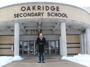 Oakridge Optimist member Stewart Blair stands outside of Oakridge secondary school. An Oakridge student will be awarded the Living the Pledge award later this year along with a student from one of the area?s elementary schools.