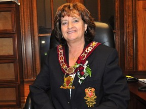 Newly elected Middlesex County Warden Joanne Vanderheyden wears the chain of office at the Middlesex County Building on Rideout Street in London, Ont. Dec. 5, 2013. CHRIS MONTANINI\LONDONER\QMI AGENCY
