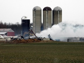 Police say 900 goats were killed in a fire that caused an estimated $2 million damage at a farm on Mill Rd. in the Township of Southwold Saturday morning. IAN MCCALLUM / TIMES-JOURNAL