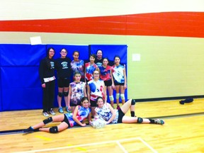 La Verendrye School combined girls from their two volleyball teams to create “Team Tie-Dye” last weekend at a season-ending tournament in Winkler and it was a winning combination. LVS defeated the host team Emerado Eagles 25-16, 25-24 in the final. (L-R): Coach Bousquet, Brittany Sainsbury, Kailey Banfield, Justice Bryson, Coach Brown, Trinity Hunter, Nicole Doyle; middle (L-R): Cassidy Elliot, Tasha Werbiski; front (L-R): Erica Lavallee, Shayne Nicholls.