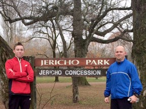 Royden Radowits (left) stands with coach and FMHS principal Gregg McNeil (right) beside the junior men’s national course at Jericho Beach in Vancouver, B.C. Radowits placed 39th at the junior men’s nationals Nov. 30.