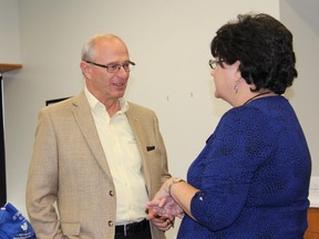 Lambton-Kent-Middlesex MP Bev Shipley speaks with a supporter following the second of two Town Hall meetings in Strathroy Dec. 6. Shipley was on hand to speak about the country’s financial state in preparation for this spring’s budget deliberations.