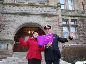 St. Thomas Mayor Heather Jackson and Fire Chief Rob Broadbent raise their voices in front of city hall on Monday. Both will be performing at a Christmas concert the Salvation Army is organizing for this weekend. Broadbent is slated to be one of the St. Thomas Three Tenors with MP Joe Preston and MPP Jeff Yurek.