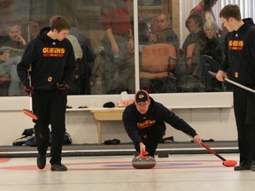 Jon Beuk, centre, and Napanee's Scott Chadwick, right, are former Queen's teammates who play on a Cataraqui rink that will compete at an Ontario Tankard regional next month. (Tim Gordanier/The Whig-Standard)