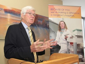David Pattenden, one of the trustees of the William James Henderson Foundation, addresses Wednesday's ceremony in which the foundation donated $1 million to a new patient-oriented research centre at KGH.
Michael Lea The Whig-Standard