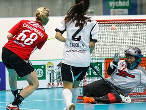 Team Canada forward Victoria Chapman of Belleville scores on South Korea at the 2013 women's floorball world championships in Ostrava, Czech Republic. (INTERNATIONAL FLOORBALL FEDERATION PHOTO)