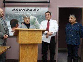 Mayor Peter Politis, elder commissioner Jackie Fletcher, lead commissioner Mike Metatawabin, and People's Inquiry coordinator Nellie Trapper attended the press conference where Fletcher announced a $2232 to the inquiry from the Echoes Drum Festival in Sault Ste. Marie.