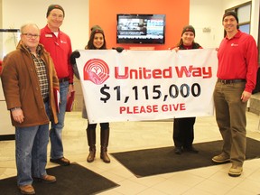 United Way Care-A-Van of Hope stopped by Scotiabank in Goderich on Thurs. Dec. 12 to pick-up donations left in United Way boxes at the branch. The van rolled through numerous communities. Scotiabank matched donations up to $15,000. Pictured from left: Ron Shaw, Wayne Smith, Jasmine Tabibbi, Tracy Birch and Ryan Erb.
