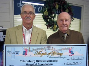 Gerald Forneri (right) presents David Corner, Director of Development, TDMH Foundation (lef), with a $26,000 donation to the 2013 Angels of Giving Campaign ‘A Sound Investment.’ The campaign is raising funds for the purchase of a 4D ultrasound machine for Tillsonburg District Memorial Hospital. Contributed Photo