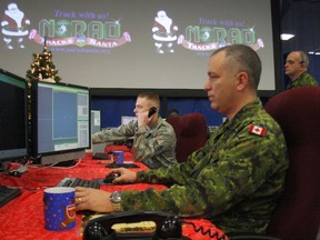 Staff Sgt. Justin Harrison, Cpl. Derek Rooney and Capt. David Pipke practice their procedures for tracking Santa Claus at 22 Wing, CFB North Bay.