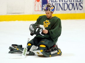 University of Alberta Golden Bears goalie Kurtis Mucha had an unforgettable day Wednesday when he was asked to help out the Boston Bruins at practice. (Trevor Robb, Edmonton Sun)