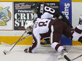 Peterborough Petes' Steven Varga collides with Niagara IceDogs' Billy Jenkins during OHL action Nov. 23 in Peterborough. Jenkins had been a healthy scratch for the Kingston Frontenacs before his trade to Niagara. (Clifford Skarstedt/QMI Agency)