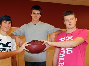 Strathroy football players Cole Pelacek, Tanner Brown and Travis Skinner will represent southwestern Ontario in San Antonio at a Football University (FBU) international event later this month.
JACOB ROBINSON/AGE DISPATCH/QMI AGENCY