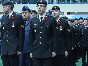 Members of the Canadian Forces march into the TransAlta Tri Leisure during a Remembrance Day ceremony in Spruce Grove on Nov. 11. - Karen Haynes, File Photo