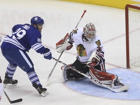 Maple Leafs' Jerry D'Amigo beats Antti Raanta of the Chicago Blackhawks for his first career NHL goal on Dec. 14. (Jack Boland, Toronto Sun)