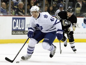 Toronto Maple Leafs left wing Nikolai Kulemin (41) breaks up ice with the puck against the Pittsburgh Penguins during the third period at the CONSOL Energy Center Nov 27, 2013, in Pittsburgh. The Penguins won 6-5 in a shootout.  (Charles LeClaire-USA TODAY Sports/Reuters)