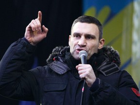 Heavyweight boxing champion and UDAR (Ukrainian Democratic Alliance for Reform) party leader Vitaly Klitschko addresses supporters of EU integration during a rally in central Kiev, December 8, 2013. (REUTERS)