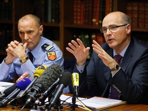 Marseille's state prosecutor Brice Robin (R) and Lt.Col Patrick Bourguignon answer questions from the media during a news conference in Marseille Dec. 16, 2013. REUTERS/Jean-Paul Pelissier