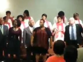 In this screengrab from YouTube, Toronto Mayor Rob Ford is seen busting a move with the choir at the West Toronto Church of God.