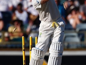 Australia’s captain Michael Clarke is bowled out by England’s Ben Stokes  during the third day of the third Ashes test at the WACA ground in Perth on Sunday.