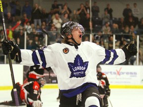Paul Hopkins celebrates during the London Nationals Game 7 win in the Sutherland Cup final against Cambridge. (QMI Agency file photo)