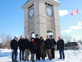 Richard Bourdeau, Facilities and Operations Supervisor, Sandy MacLennan, Line Supervisor at Cornwall Electric, Mike Pescod, Regional Manager at Cornwall Electric, Lee Cassidy, Waterfront Committee Chair, Mayor Bob Kilger, Christine Lefebvre, Division Manager of Parks & Recreation, Stephen Alexander, General Manager of Planning, Parks & Recreation, Jim Althouse, Parks & Landscaping Supervisor, Wayne Potter, Parks and Landscaping Sub-Foreman braved the cold weather and biting winds to restart the clock again in Lamoureaux Park on Monday.
Lois Ann Baker/Staff photo