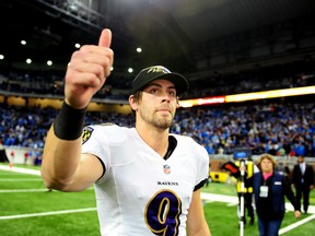 Ravens kicker Justin Tucker celebrates after kicking a 61-yard field goal during the fourth quarter against the Lions in Detroit on Monday, Dec. 16, 2013. (Andrew Weber/USA TODAY Sports)