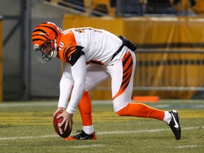 Kevin Huber of the Cincinnati Bengals attempts to recover a dropped snap against the Pittsburgh Steelers during a game on December 15, 2013 at Heinz Field in Pittsburgh, Pennsylvania.  (Justin K. Aller/Getty Images/AFP)