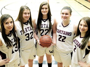 The Wallaceburg Tartans had six players named to Kent County Secondary Schools Athletic Association 'AA-AAAA' girls basketball all-star teams. They are, from left: juniors Paige Dupont (second team), Liz VanderVeeken (first team) and Sawyer Fischer (first team); and seniors Haley Sarapnickas (second team) and Alyssa Lucier (first team). Absent is senior Kayla Riley (first team).
 Diana Martin/Chatham Daily News/QMI Agency