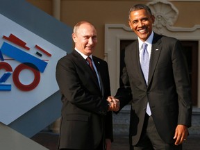 Pictured with Russian President Vladimir Putin, Barack Obama (R) has already said he has "no patience for countries that try to treat gays or lesbians or transgender persons in ways that intimidate them or are harmful to them." (REUTERS)