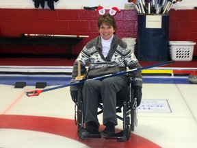 Vickie Butler on the ice in the Not Just Another Bonspiel on Saturday at St. Thomas Curling Club to raise funds for wheelchair curling. Contributed.