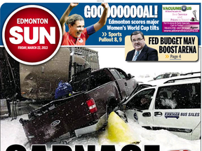 Front page, March 22, 2013: Multi-vehicle crashes shut down Alberta highway.