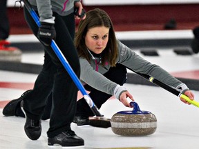 Skip Kelly Erickson throws a rock during a curling practice Thursday at the Crestwood Curling Club. (Codie McLachlan, Edmonton Sun)