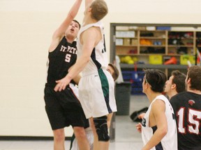 Ben Dewling (5) was selected as SPA’s MVP during the tournament in Camrose. He’s shown here in action against the school’s alumni team earlier this year. - Gord Montgomery, Reporter/Examiner