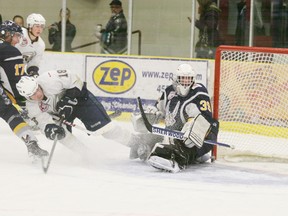 While the Saints missed some good chances early against Canmore,  including this one by Riley Simpson, they scored often enough for the win. - Gord Montgomery, Reporter/Examiner