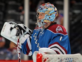 Goalie Semyon Varlamov of the Colorado Avalanche looks on during warm up prior to facing the Washington Capitals at Pepsi Center on November 10, 2013 in Denver, Colorado. (Doug Pensinger/Getty Images/AFP)