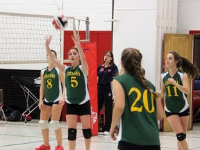 Mallory Nettleton of the St. Patrick's fighting Irish junior girls volleyball team passes the ball to teammate Monika Polakovic (number 20) during the first set of their match against Northern on Thursday, Dec. 19. Despite St. Pat's winning the first set 25-21, the Vikings won the match 2-1 thanks to scores of 25-14 and 2725 in the last two sets. SHAUN BISSON/THE OBSERVER/QMI AGENCY