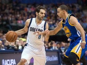 Golden State Warriors point guard Stephen Curry (30) guards Dallas Mavericks point guard Jose Calderon (8) during the first quarter at the American Airlines Center. (Jerome Miron-USA TODAY Sports)